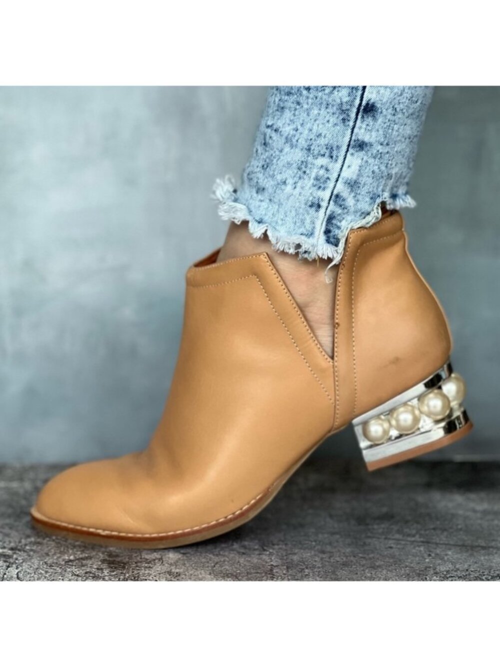 Jeffrey Campbell Musklo Orlando Pearl Heel Leather Ankle Boots Womens 7.5 Tan